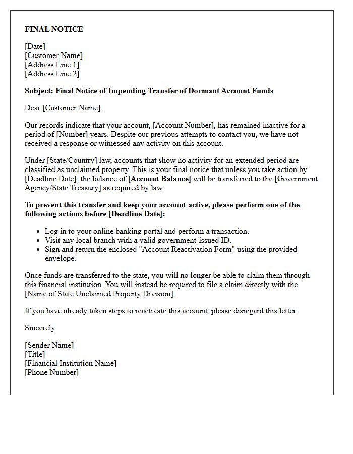 Final Notice of Dormant Account Transfer Letter