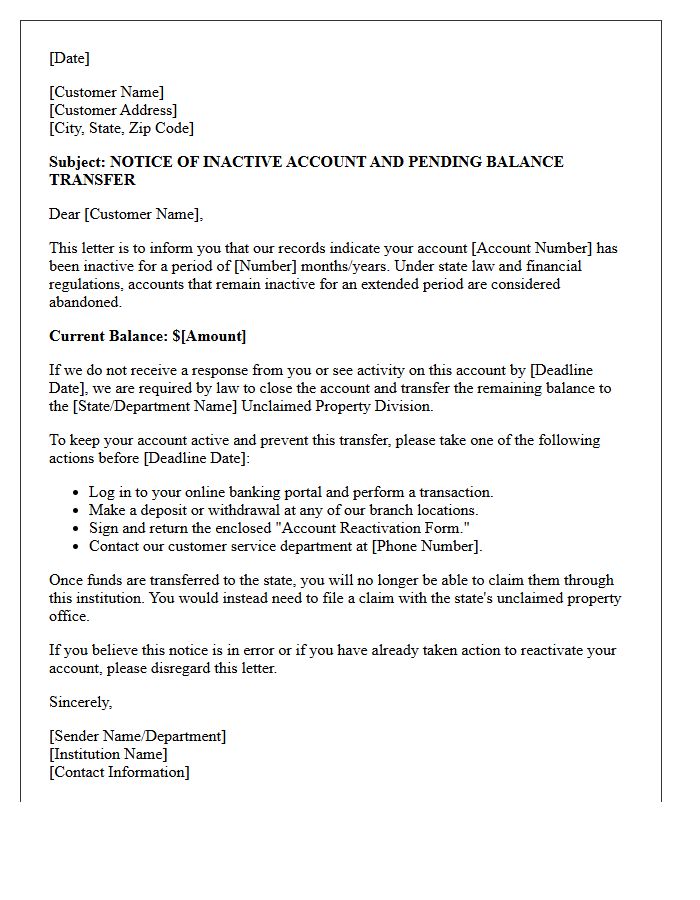 Inactive Account Balance Transfer Warning Letter
