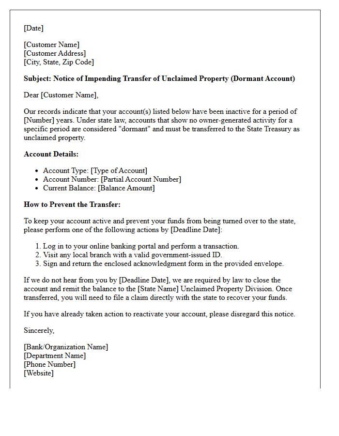 Notice of Dormant Account Transfer Letter