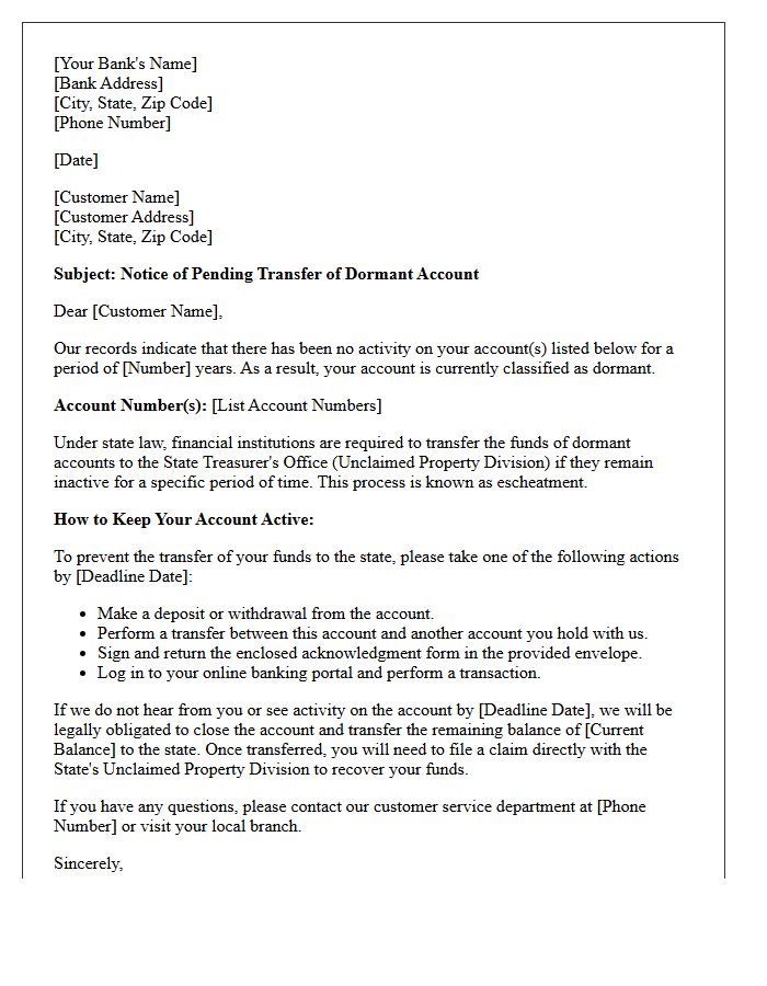 Pending Transfer of Dormant Bank Account Letter