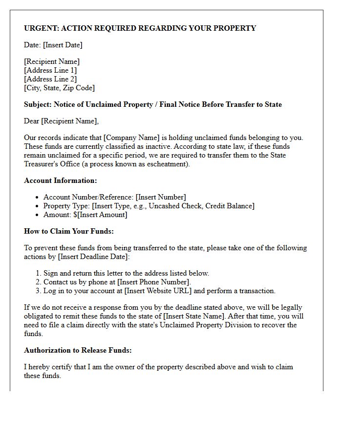 Pre-Escheatment Funds Transfer Notice Letter
