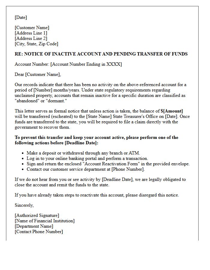 Regulatory Transfer of Inactive Account Letter