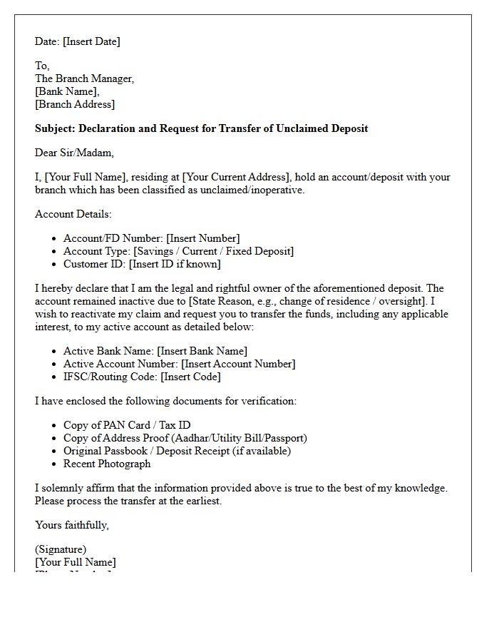 Unclaimed Deposits Transfer Declaration Letter