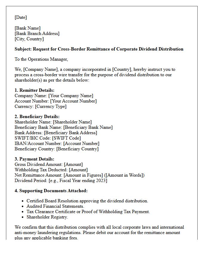 Corporate Dividend Distribution Cross-Border Remittance Request Letter