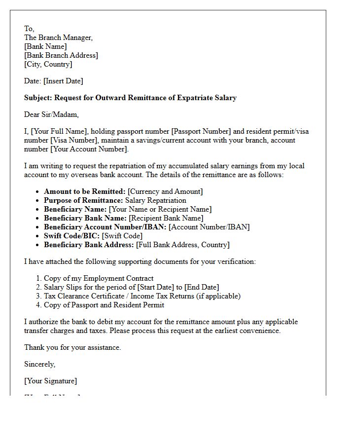 Expatriate Salary Repatriation Cross-Border Remittance Request Letter