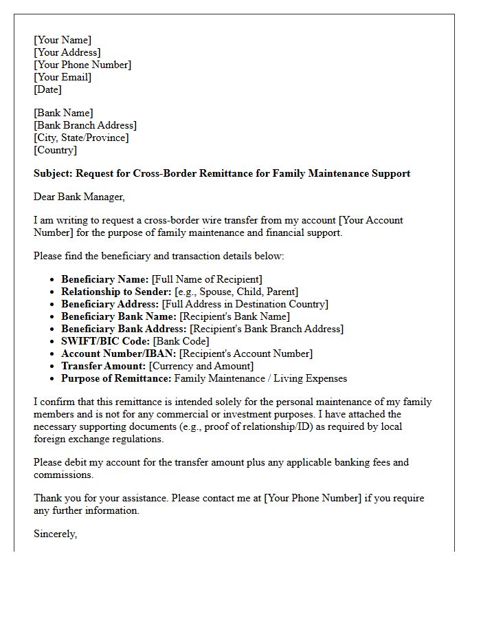 Family Maintenance Support Cross-Border Remittance Request Letter