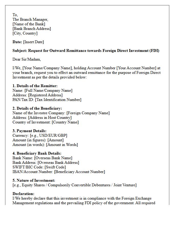 Foreign Direct Investment Cross-Border Remittance Request Letter