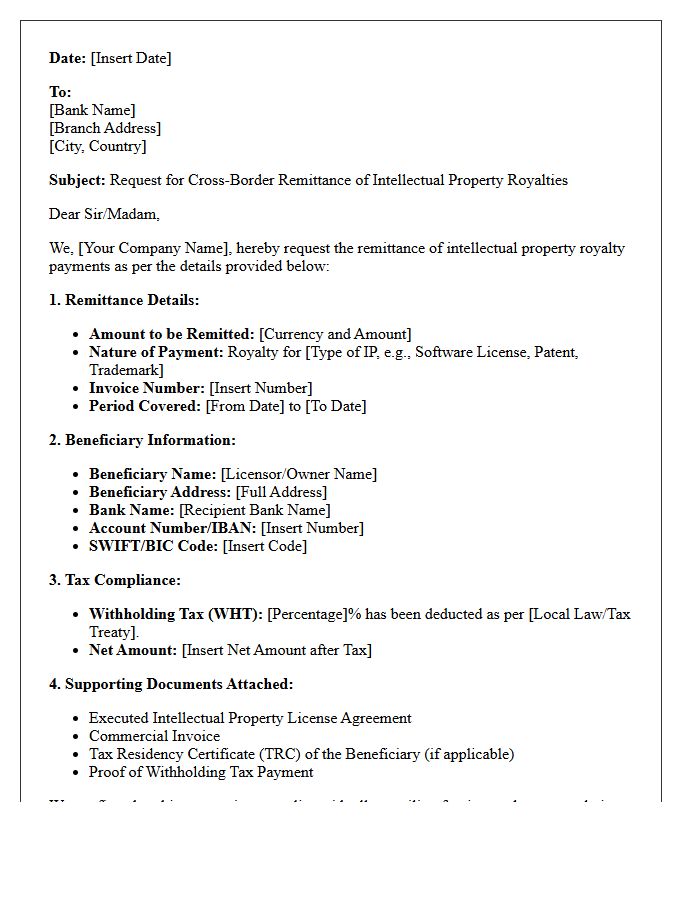 Intellectual Property Royalty Cross-Border Remittance Request Letter