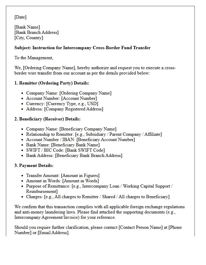 Intercompany Fund Transfer Cross-Border Remittance Request Letter