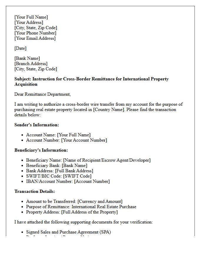 International Property Acquisition Cross-Border Remittance Request Letter