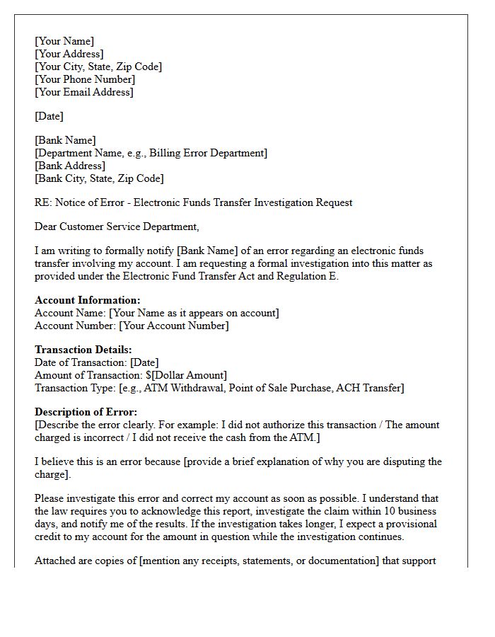 Bank Investigation of Electronic Funds Transfer Error Letter