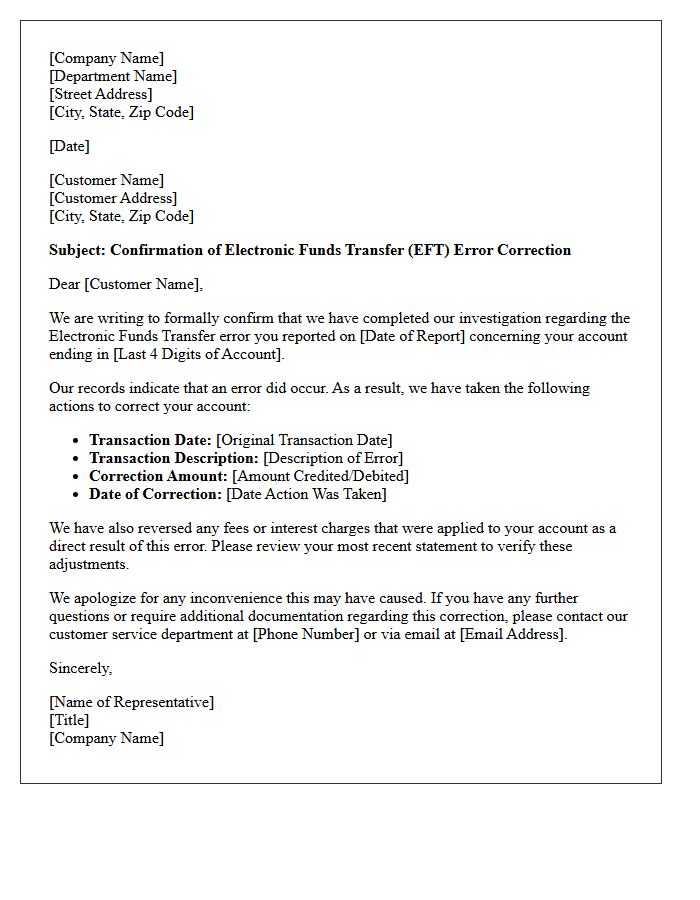 Confirmation of Electronic Funds Transfer Error Correction Letter