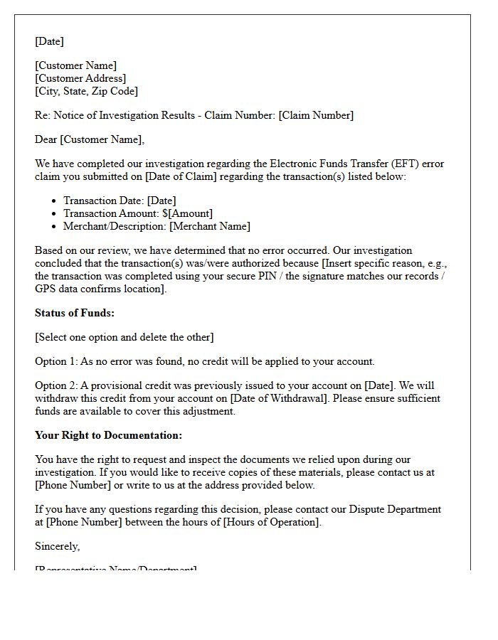 Denial of Electronic Funds Transfer Error Claim Letter