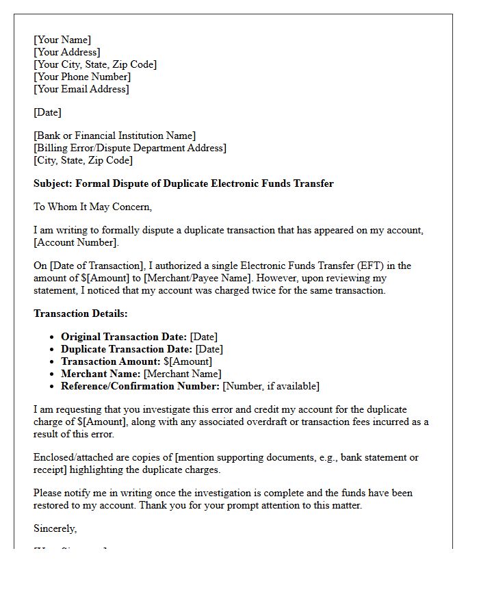 Duplicate Electronic Funds Transfer Charge Dispute Letter