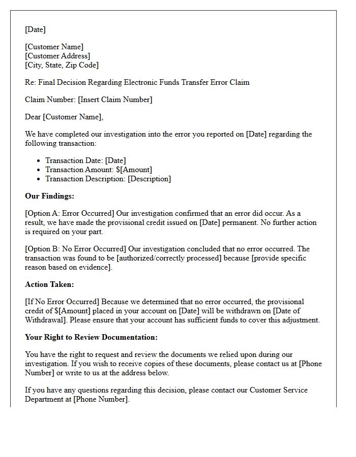 Final Decision on Electronic Funds Transfer Error Letter