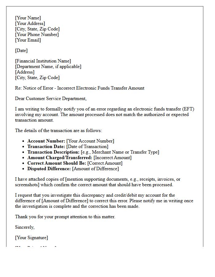 Incorrect Electronic Funds Transfer Amount Notice Letter