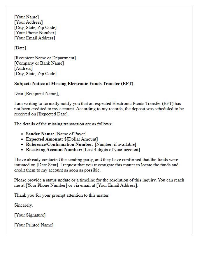 Missing Electronic Funds Transfer Deposit Notice Letter