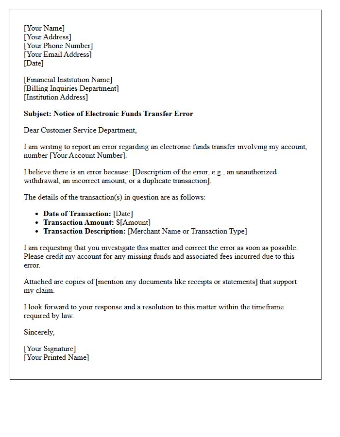 Notice of Electronic Funds Transfer Error Letter