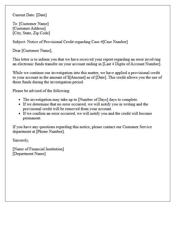 Provisional Credit for Electronic Funds Transfer Error Letter