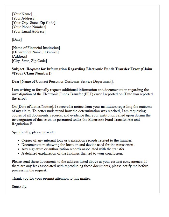 Request for Additional Information on Electronic Funds Transfer Error Letter