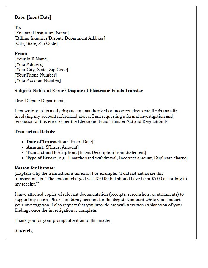 Resolution of Electronic Funds Transfer Dispute Letter