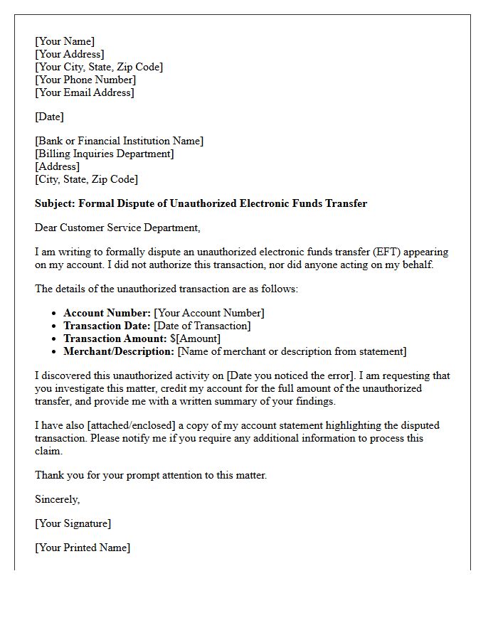 Unauthorized Electronic Funds Transfer Dispute Letter