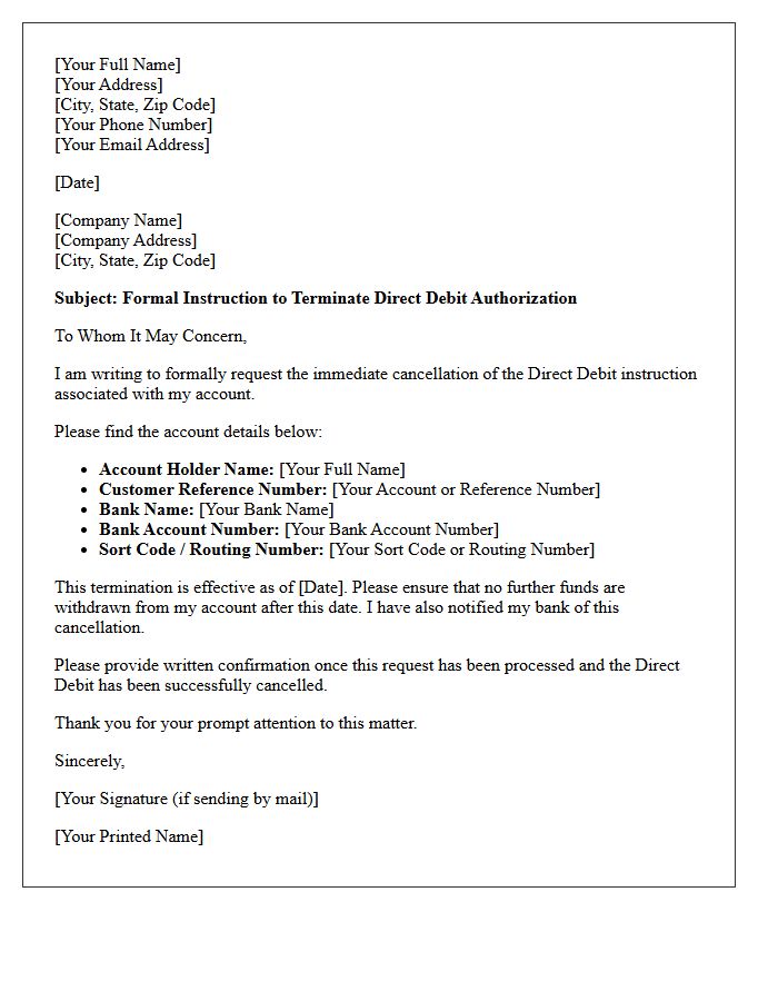 Account Holder Direct Debit Termination Letter