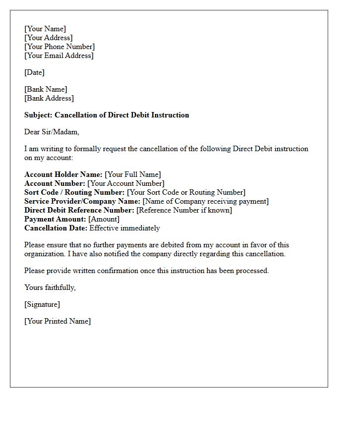 Bank Account Direct Debit Cancellation Letter