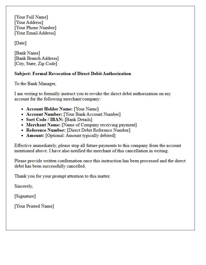 Bank Direct Debit Revocation Letter
