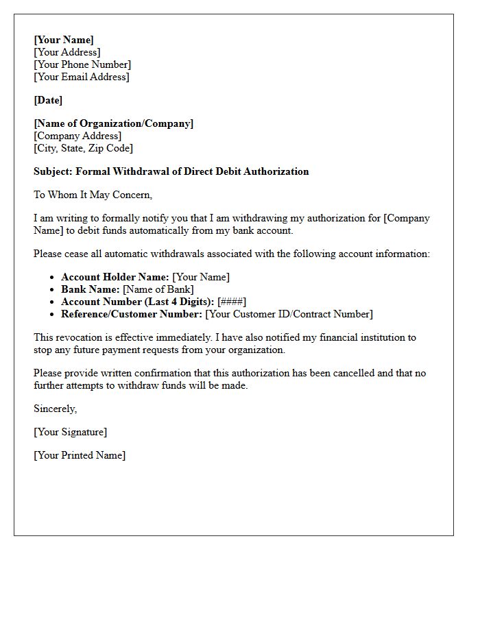 Direct Debit Authorization Withdrawal Letter