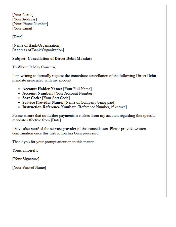 Direct Debit Mandate Cancellation Letter