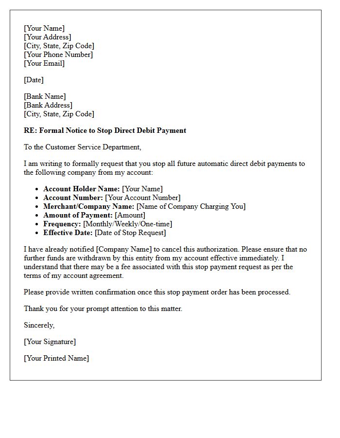 Formal Direct Debit Stop Payment Letter