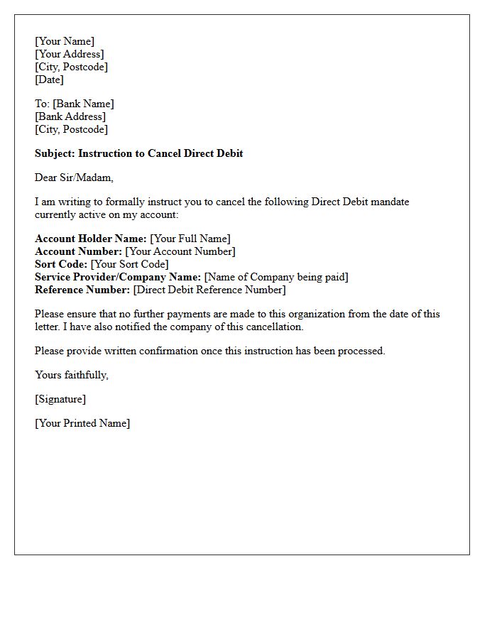 Instruction Letter For Direct Debit Cancellation