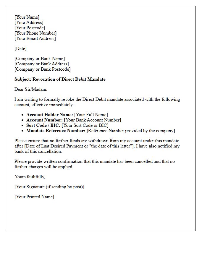 Standard Direct Debit Mandate Revocation Letter