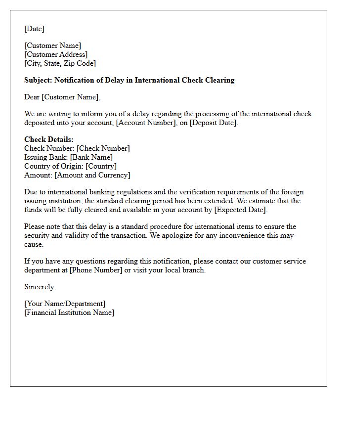 International Check Clearing Delay Notification Letter