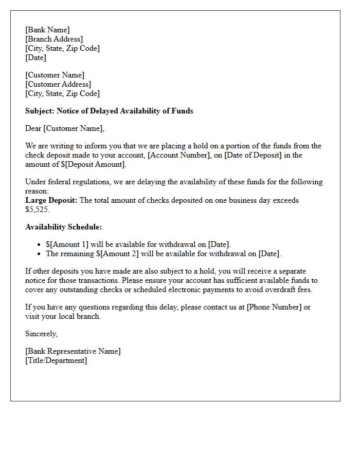 Large Deposit Check Clearing Delay Notification Letter