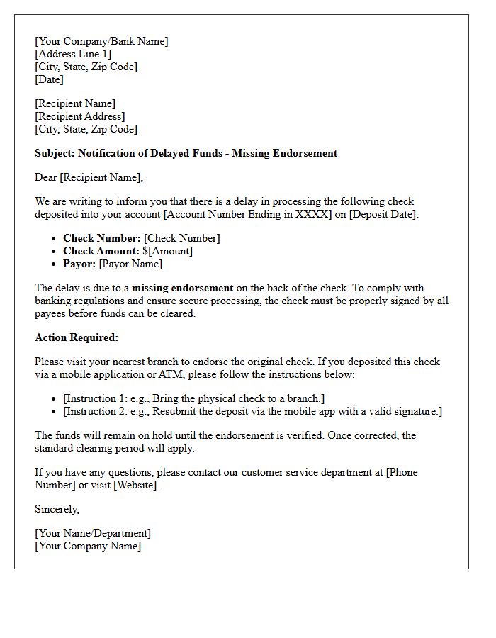 Missing Endorsement Check Clearing Delay Notification Letter