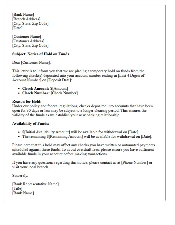 New Account Check Clearing Delay Notification Letter
