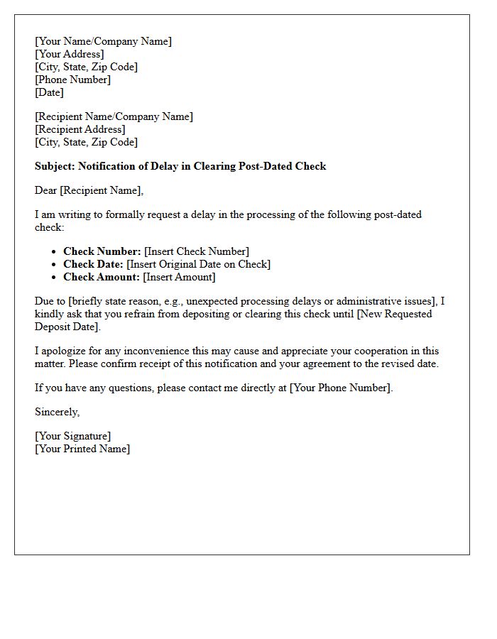 Post Dated Check Clearing Delay Notification Letter