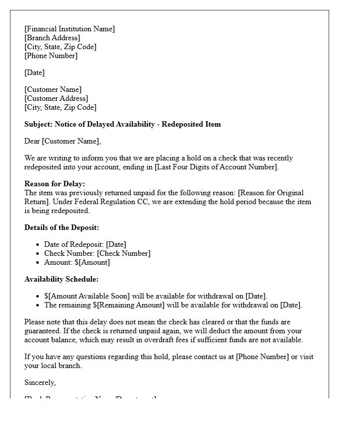 Redeposited Item Check Clearing Delay Notification Letter