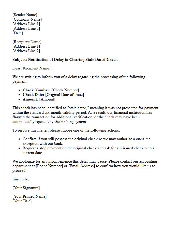 Stale Dated Check Clearing Delay Notification Letter