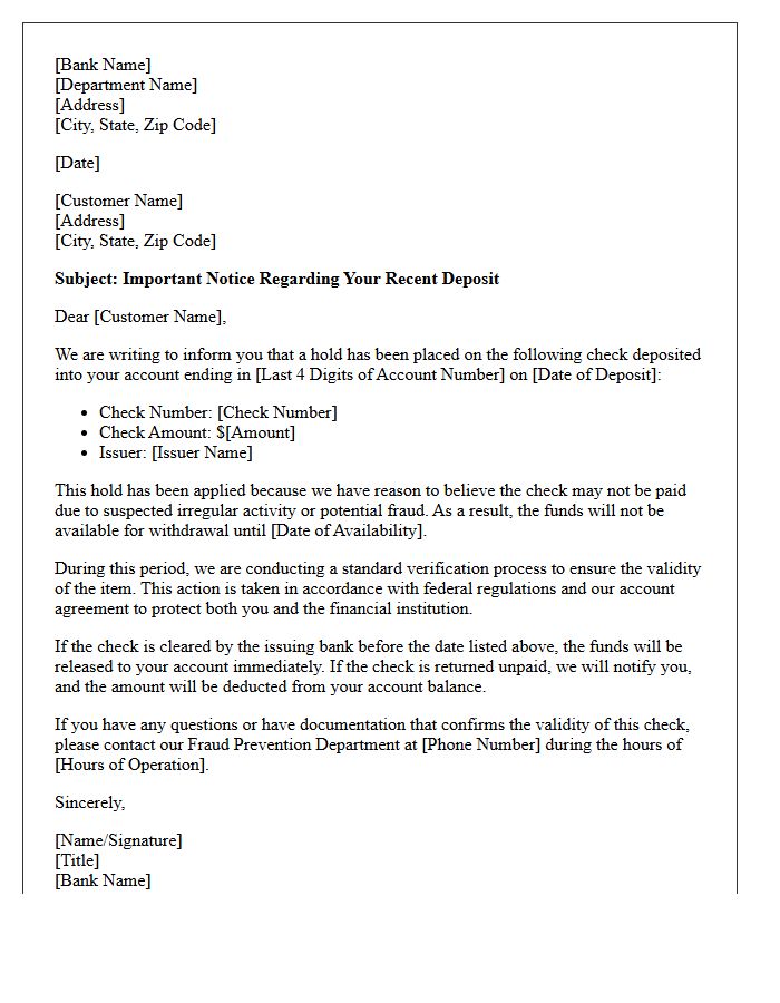 Suspected Fraud Check Clearing Delay Notification Letter