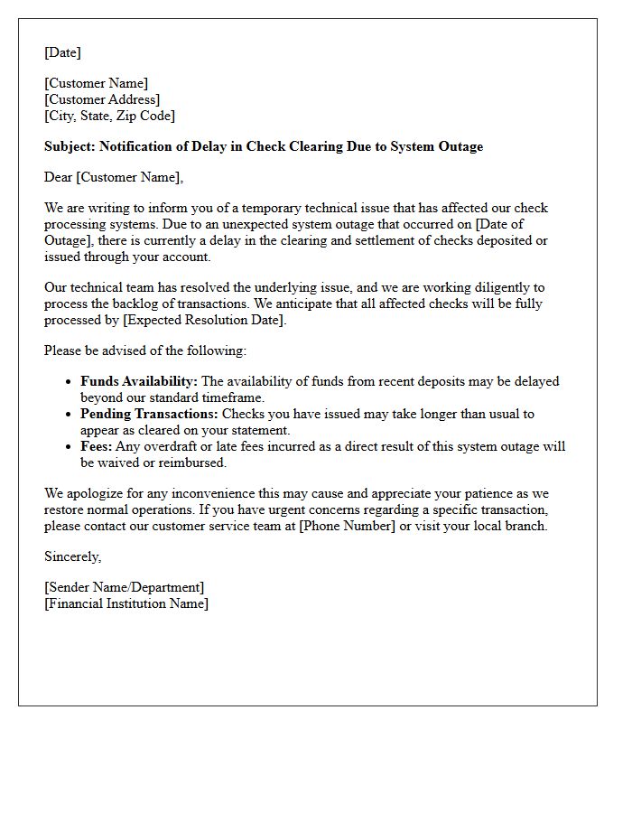 System Outage Check Clearing Delay Notification Letter