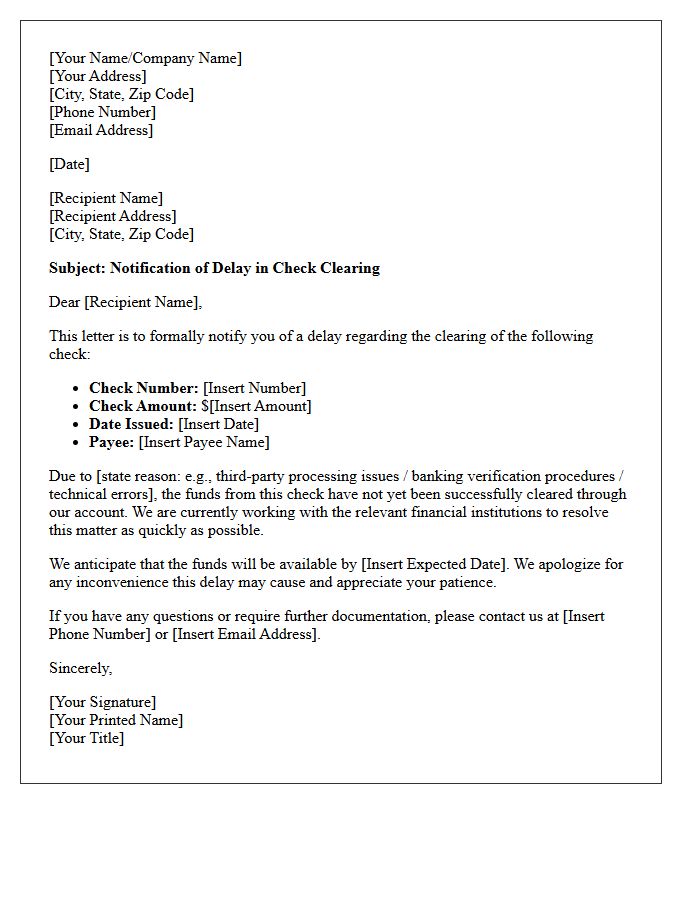 Third Party Check Clearing Delay Notification Letter