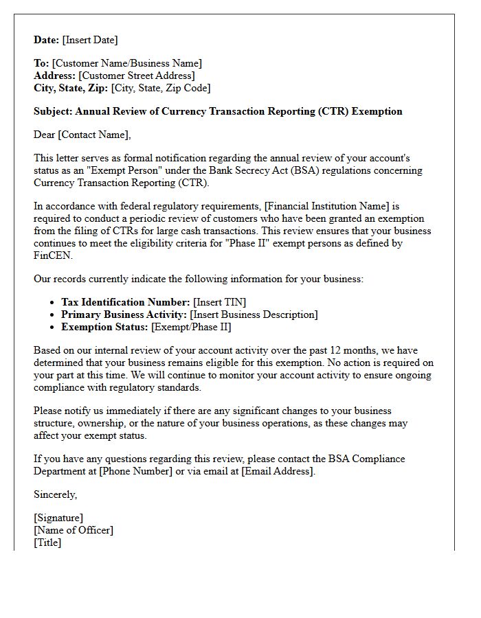 Annual Currency Transaction Exemption Review Letter