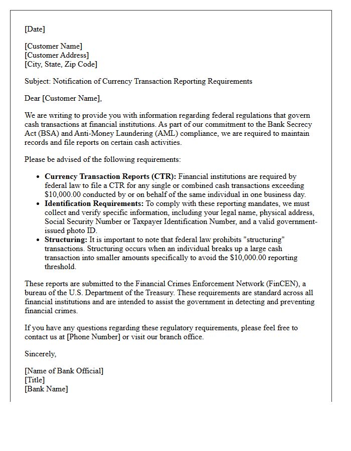 Bank Secrecy Act Cash Reporting Compliance Letter