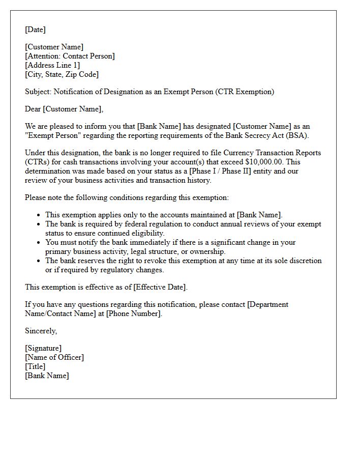 Commercial Account CTR Exemption Approval Letter