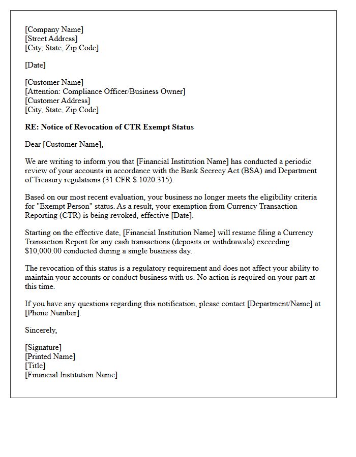 Corporate Customer CTR Exemption Revocation Letter