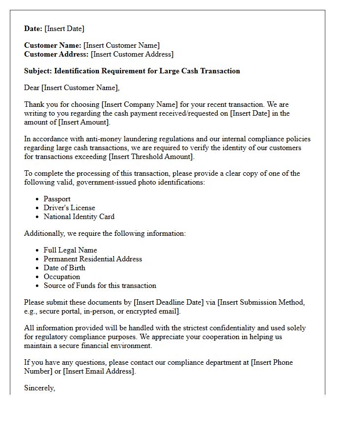 Customer Identification Request Letter for Large Cash Transactions