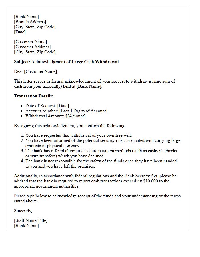 Large Cash Withdrawal Acknowledgment Notice Letter